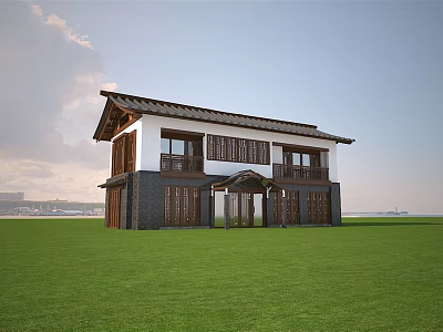 Traditional Ancient Two Story Building With White Walls Dark Wooden Structures And Green Lawn 3d model