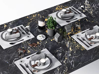 Elegant Tableware Set With Plates Cups Cutlery On Marble Tabletop And Placemats 3d model