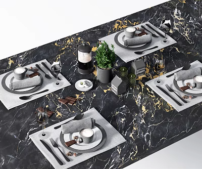 Elegant Tableware Set With Plates Cups Cutlery On Marble Tabletop And Placemats 3d model