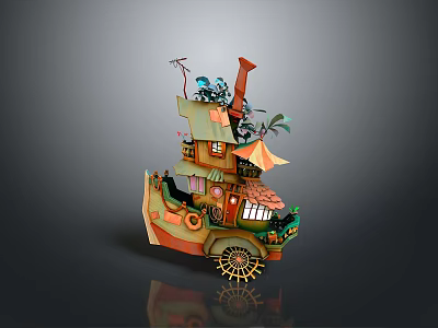 Fantasy Style Mobile House With Multi Level Structure Decorative Plants And Wheels 3d model