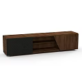 Modern Walnut Wood TV Stand With Open Shelves And Black Panel Design