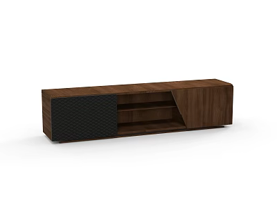 Modern Walnut Wood TV Stand With Open Shelves And Black Panel Design 3d model