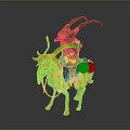 Mythical Character Riding Yellow Horned Creature With Red Saddle And Ornate Horns