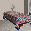 Colorful Geometric Pattern Tablecloth On Table With Vase Green Plant Book Window Blinds And Carpet