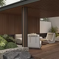Modern Courtyard Garden With Wooden Wall Columns White Sofas And Green Plants