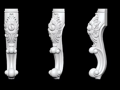Three White Carved Decorative Columns With Classical Floral Ornate Design Details 3d model