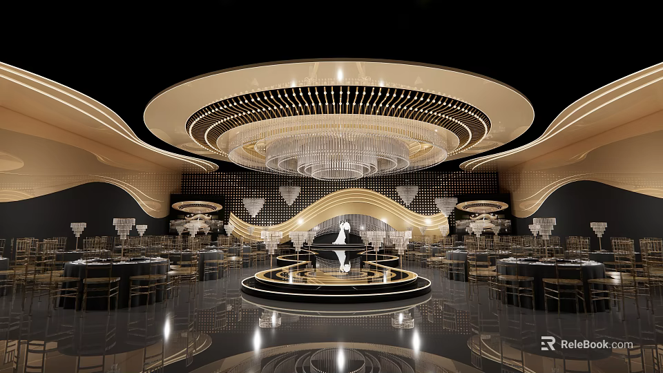 Luxurious Banquet Hall Interior With Crystal Chandelier Round Stage And Golden Decor 3d model 