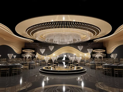 Luxurious Banquet Hall Interior With Crystal Chandelier Round Stage And Golden Decor 3d model