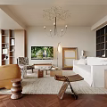 Living Room Interior With Orange And White Sofas Herringbone Wooden Floor Chandelier Wall TV And Wooden Coffee Tables