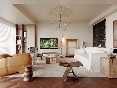 Living Room Interior With Orange And White Sofas Herringbone Wooden Floor Chandelier Wall TV And Wooden Coffee Tables 3d model