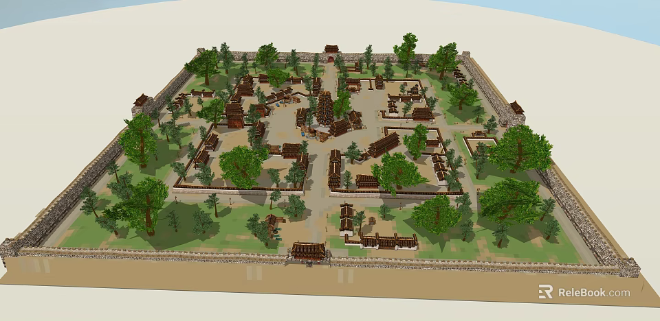 Ancient Architecture Walled Compound With Traditional Layout And Surrounding Green Trees 3d model