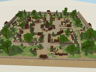 Ancient Architecture Walled Compound With Traditional Layout And Surrounding Green Trees 3d model