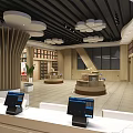 Modern Retail Store Interior With Shelves Display Counters Cloud Ceiling And Large Screen 3d model