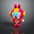 Playful Game and Movie Character With Rabbit Ears Pink Yellow Blue Headphones Blue Eyes Badge
