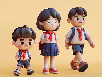 Cute Cartoon Student Figurine Set With School Uniforms And Backpacks For Home Decor 3d model