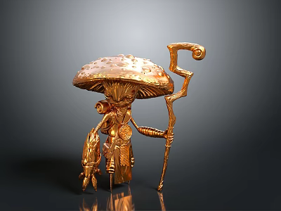 Detailed Golden Mushroom Shaped Sculpture Featuring Humanoid Figure With Curved Staff And Small Creature 3d model