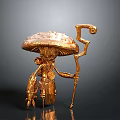 Detailed Golden Mushroom Shaped Sculpture Featuring Humanoid Figure With Curved Staff And Small Creature