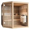 Modern Sauna Room Interior With Wooden Benches Glass Door Heater And Bucket