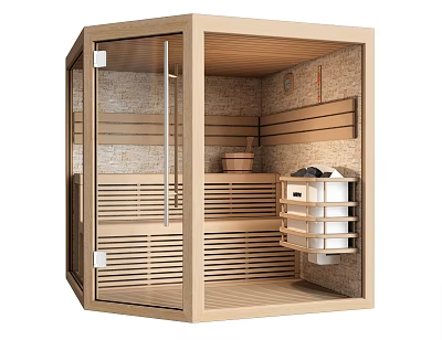 Modern Sauna Room Interior With Wooden Benches Glass Door Heater And Bucket 3d model