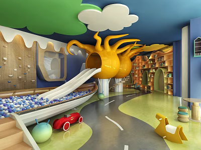 Colorful Kindergarten Playroom With Octopus Slide Ball Pit Toy Cars And Bookshelves 3d model