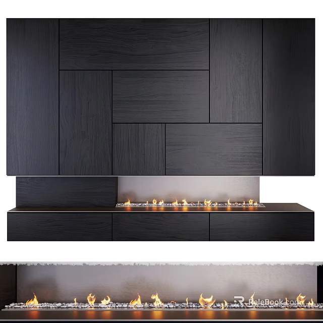 Elegant Modern Dark Wood Fireplace With Panel Design And Glowing Flames 3d model 