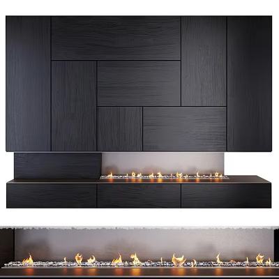 Elegant Modern Dark Wood Fireplace With Panel Design And Glowing Flames 3d model