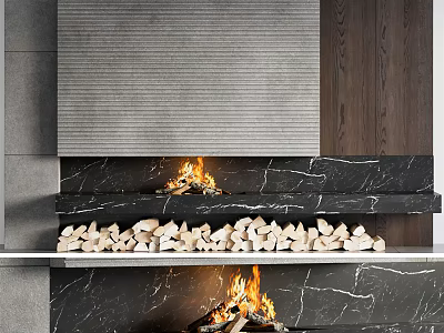 Modern Marble Fireplace Interior Design With Burning Fire And Stacked Firewood 3d model