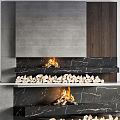 Modern Marble Fireplace Interior Design With Burning Fire And Stacked Firewood