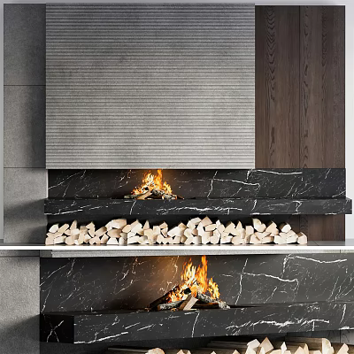 Modern Marble Fireplace Interior Design With Burning Fire And Stacked Firewood 3d model