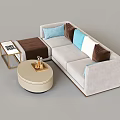 Modern Light Gray Sofa With Colorful Cushions And Round Coffee Table Set 3d model