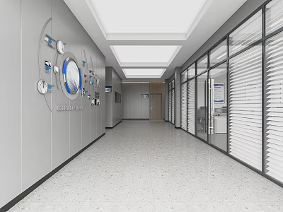 Modern Service Hall Interior With Wall Decor And Glass Partitions 3d model