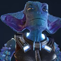 Futuristic Character And Biomechanical Creature With Crystal Blue Appendages And Orange Armored Suit