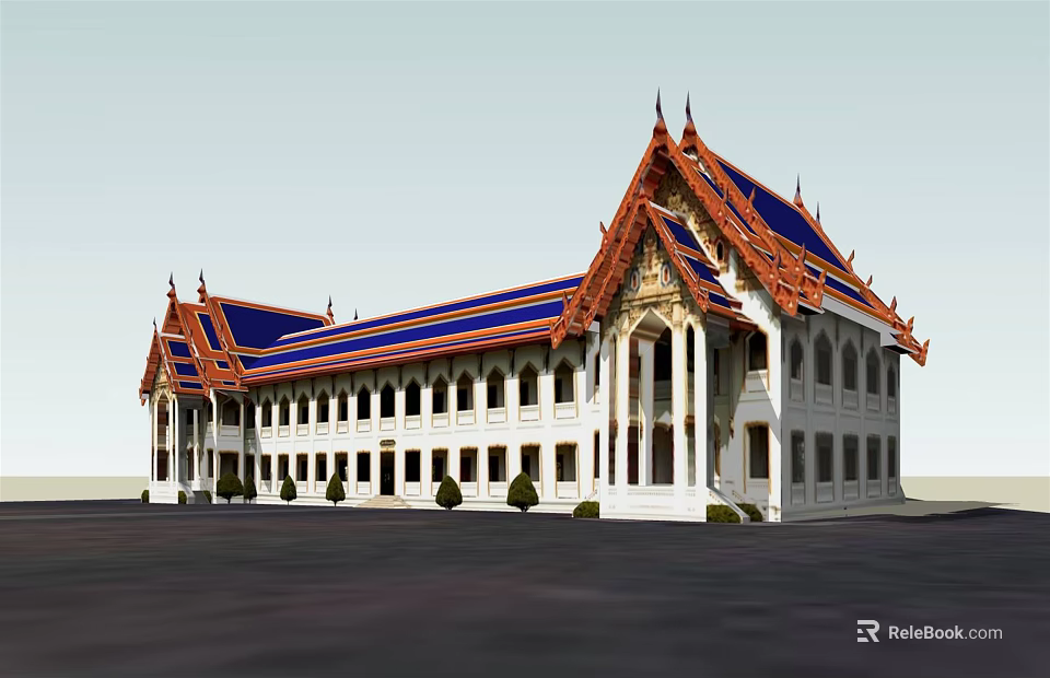 Traditional Thai Temple Architecture With Blue Roof And White Walls 3d model 