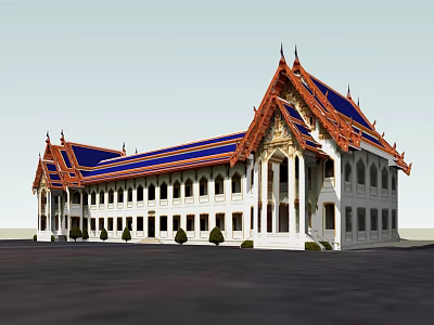 Traditional Thai Temple Architecture With Blue Roof And White Walls 3d model