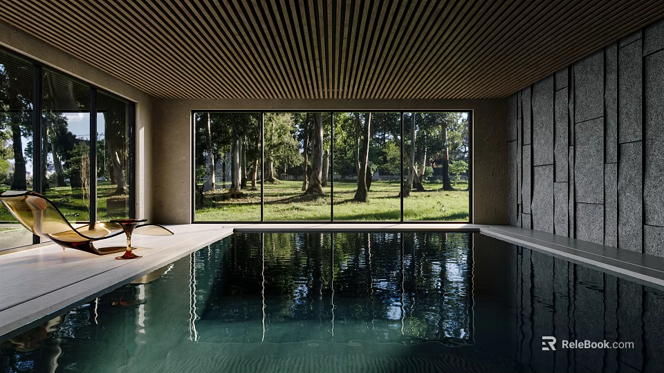 Modern Indoor Swimming Pool With Large Windows Forest View And Clear Water 3d model 
