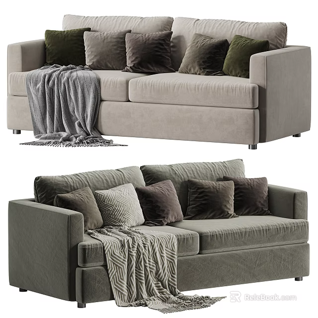 Modern Gray Two Seater Sofa With Mixed Color Pillows And Throw Blanket 3d model