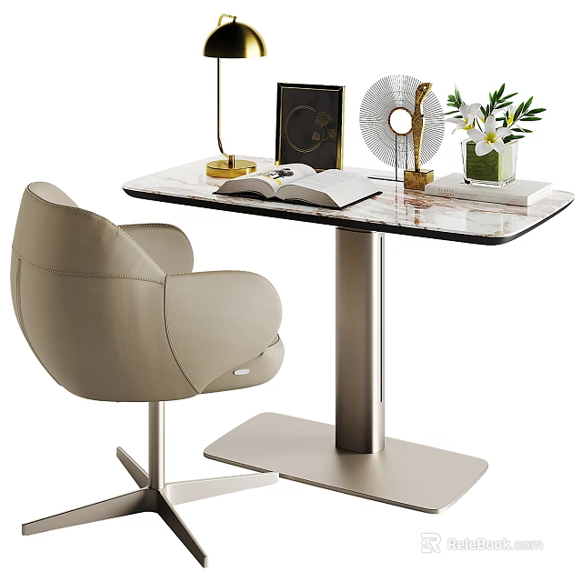 Modern Office Desk With Marble Top Metal Legs Open Book Lamp Fan And Flower Vase 3d model 