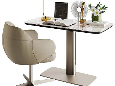Modern Office Desk With Marble Top Metal Legs Open Book Lamp Fan And Flower Vase 3d model