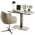 Modern Office Desk With Marble Top Metal Legs Open Book Lamp Fan And Flower Vase