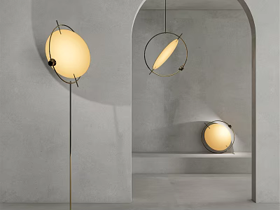Modern Lighting Combination With Round Metal Frame Warm Yellow Light In Gray Wall Archway Interior 3d model