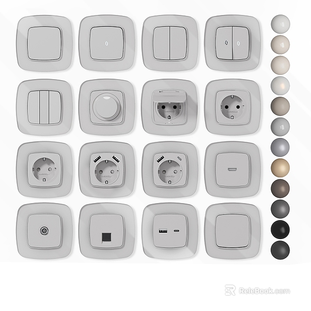 Different Types of Modern Switch Panels with Sockets USB Ports and Color Options 3d model 