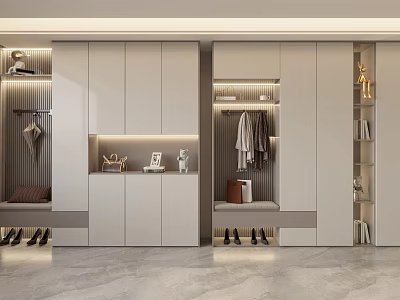 Modern Light Grey Shoe Cabinet Design With Coat Hanger Bench And Storage Space 3d model
