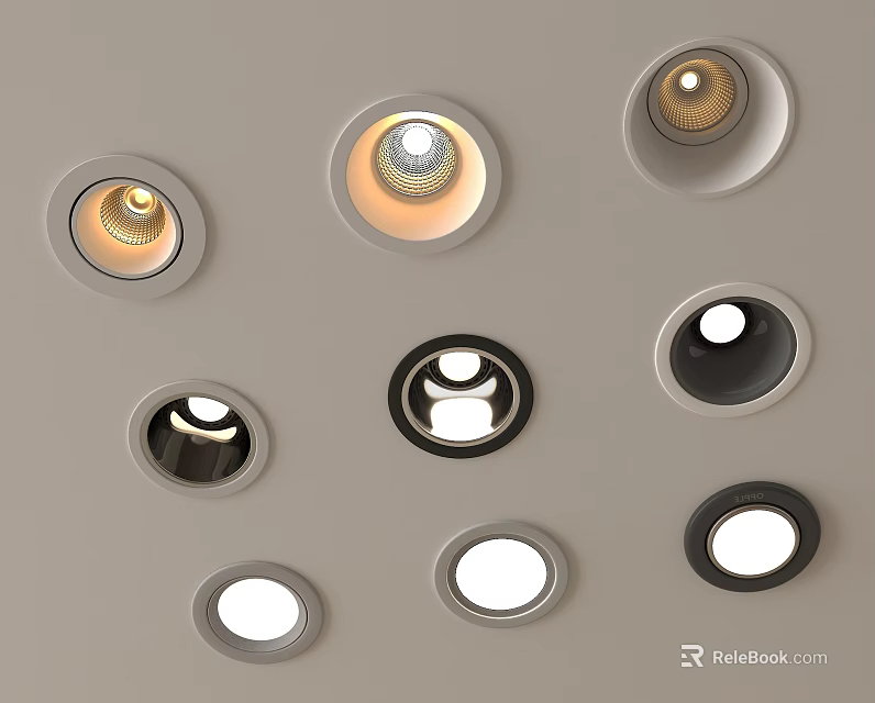 Various Styles Downlights and Spotlights with White Black Frames on Wall 3d model 