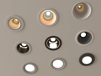 Various Styles Downlights and Spotlights with White Black Frames on Wall 3d model