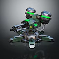 Futuristic Robotic Turret With Green Glowing Sensors Multiple Barrels And Metal Base