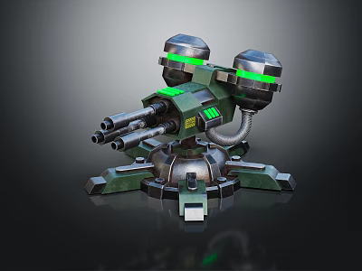 Futuristic Robotic Turret With Green Glowing Sensors Multiple Barrels And Metal Base 3d model