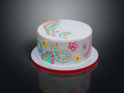 White Round Cake With Colorful Rainbow Flower Paisley Designs And Red Border On Reflective Plate 3d model