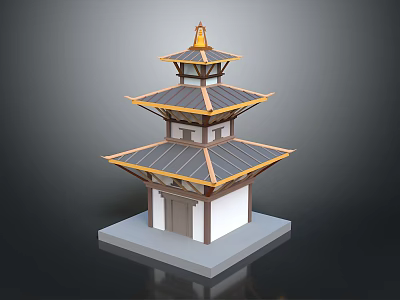 Traditional Multi Tiered Tower Architecture With Golden Decorations Gray Roof And White Base 3d model