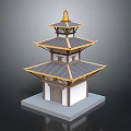 Traditional Multi Tiered Tower Architecture With Golden Decorations Gray Roof And White Base