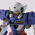 Detailed Blue and White Robot Model Featuring Large Sword With Pink Beams Behind